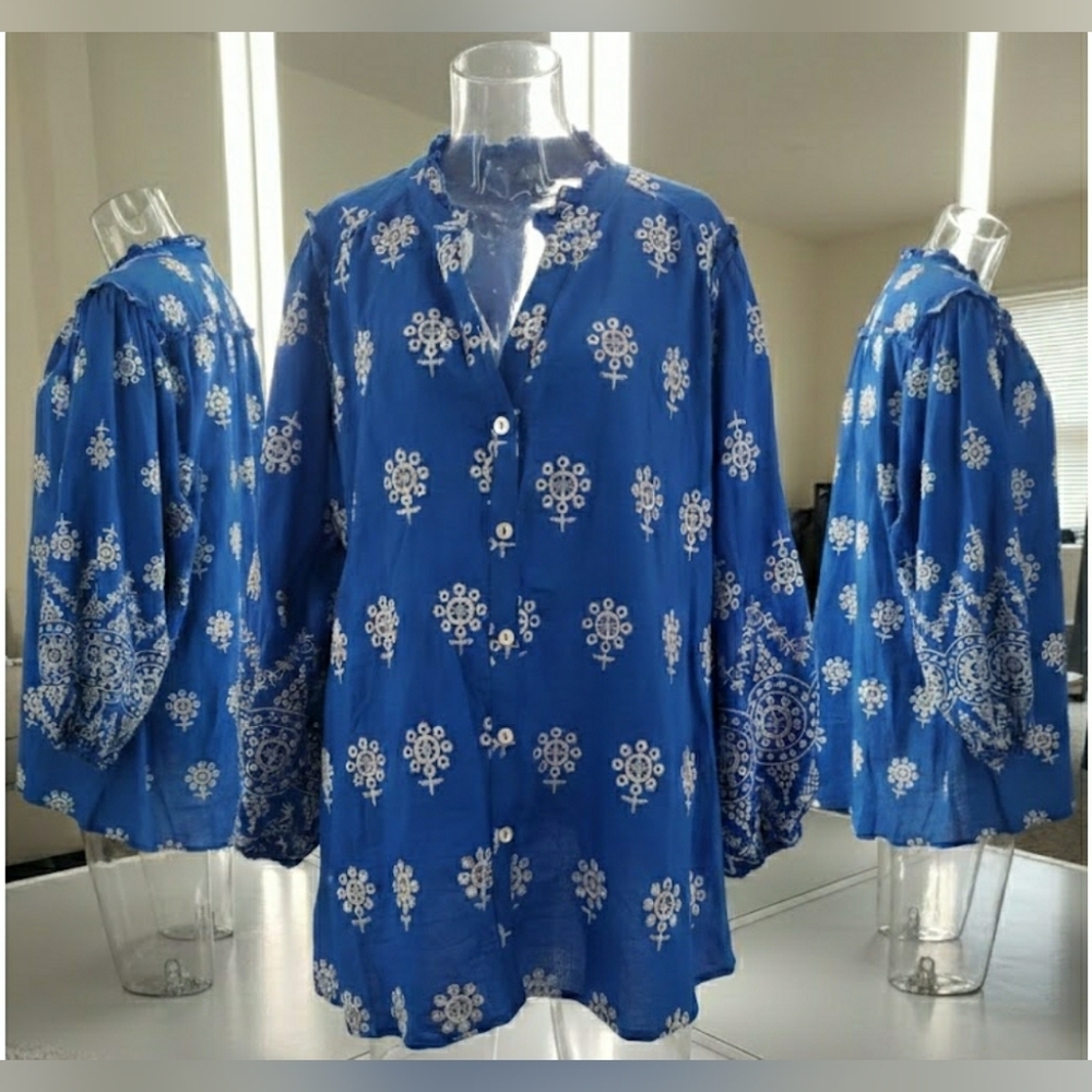 Boho Chic Whimsical Casual Royal Blue Cotton Embroidered Artisy Tunic Top New